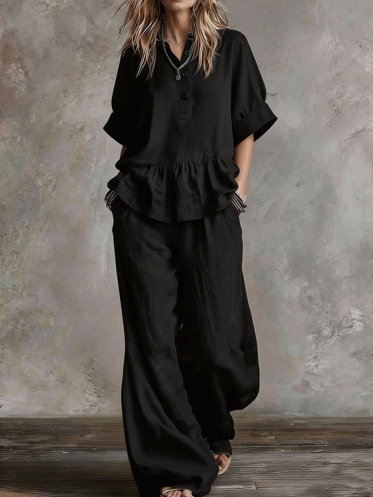 Womens Casual V-Neck Pullover Short-Sleeve Pants Set