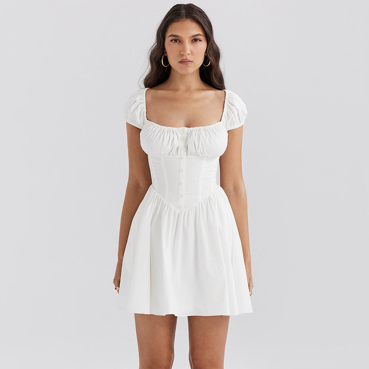 Womens Casual Puff-sleeve Square-neck Dress