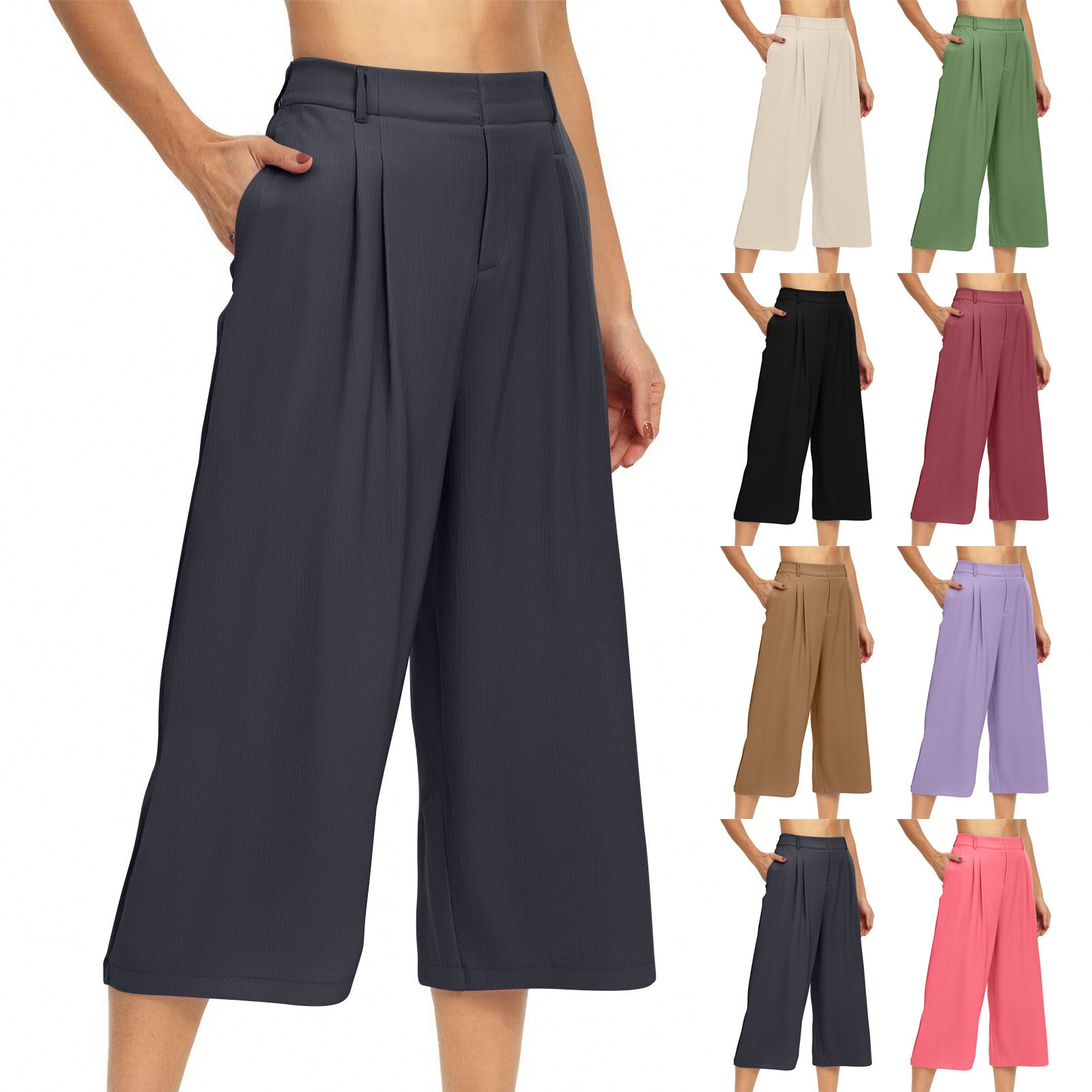 Womens Summer Solid-Color Casual High-Waisted Wide-Leg Cropped Trousers With Side Pockets