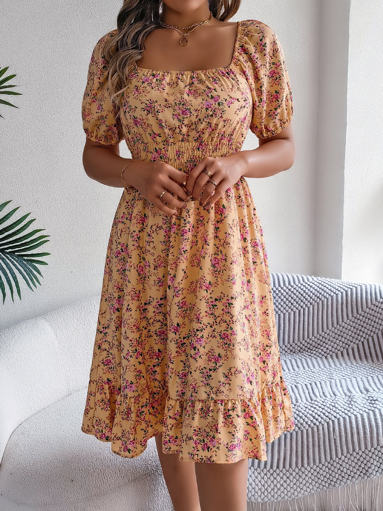 Floral Print Square Collar Dress Summer Fashion Ruffles Dresses Women's Clothing