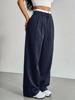 Stripe Printed Trousers Fashion High Waist Straight Leg Pants With Pocket Zipper Casual Suit Pants For Women