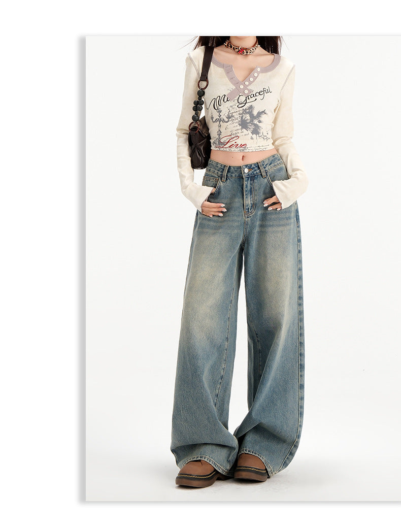 Retro Straight All-matching Loose Drooping Wide Leg Jeans