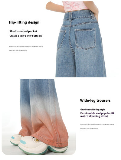 Gradient Color High Waist Wide Leg Jeans For Women Loose-fitting Mopping Pants