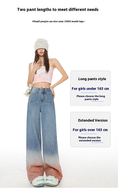 Gradient Color High Waist Wide Leg Jeans For Women Loose-fitting Mopping Pants