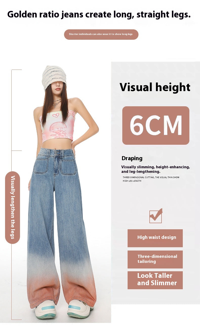 Gradient Color High Waist Wide Leg Jeans For Women Loose-fitting Mopping Pants