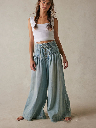 Womens Pleated Mid-Waist Lace-Up Loose Wide-Leg Denim Jeans