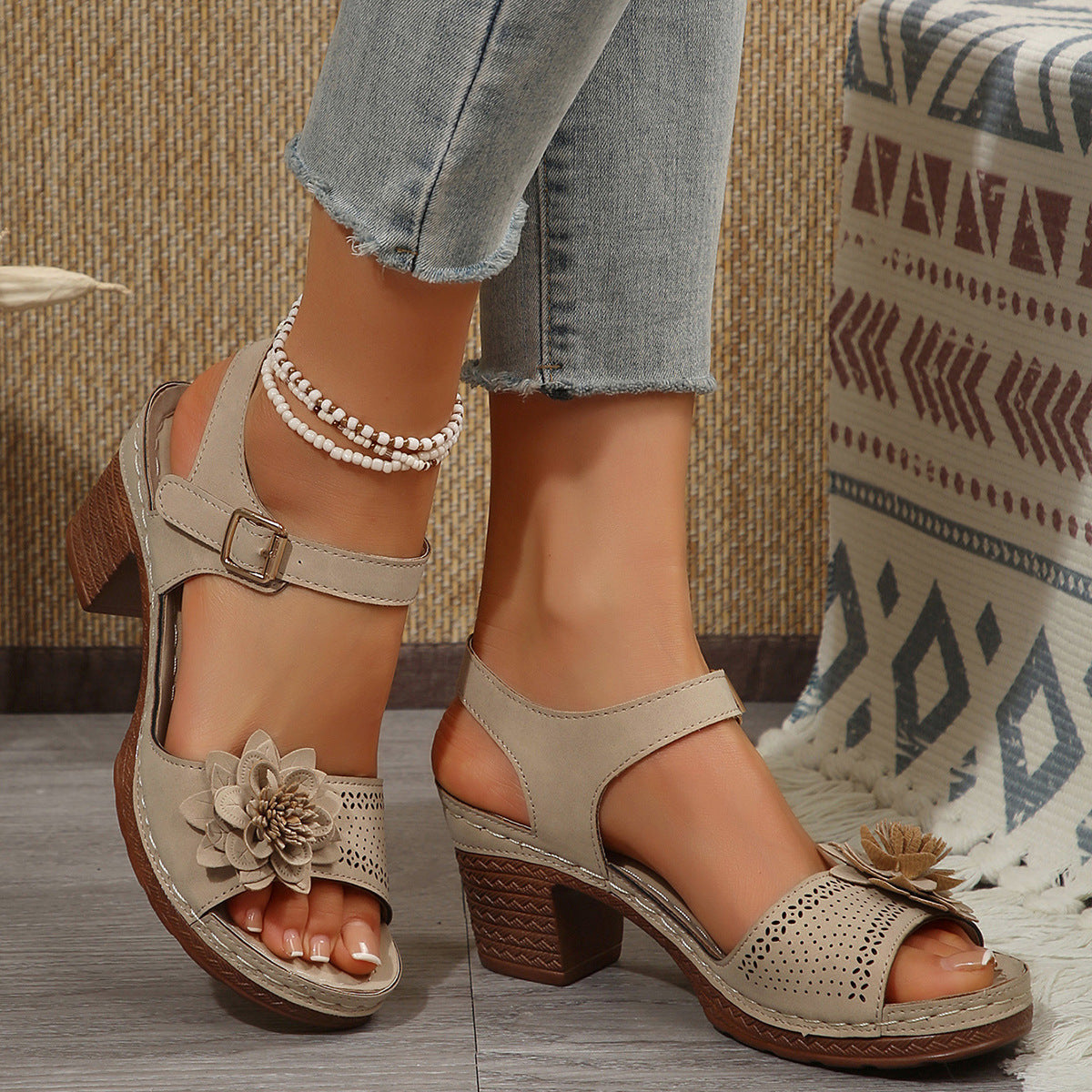 Women's Flowers Chunky Heel Sandals Summer Plus Size Platform Shoes