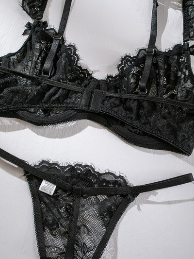 Lace Ruffle-Cuffed Sleeve Bow-Trim Sexy Lingerie Set For Women