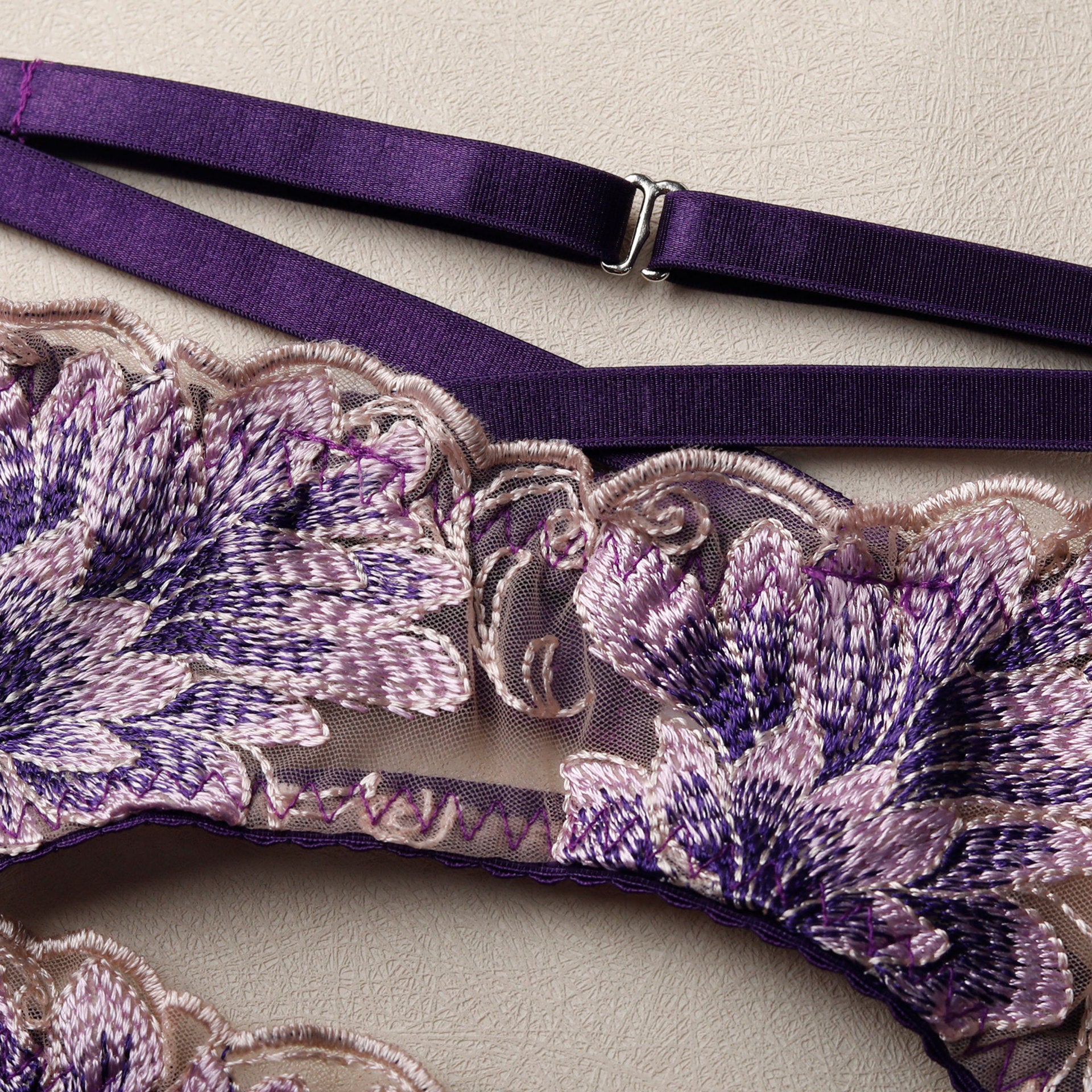 Purple Patchwork Sheer Lace Lingerie Set