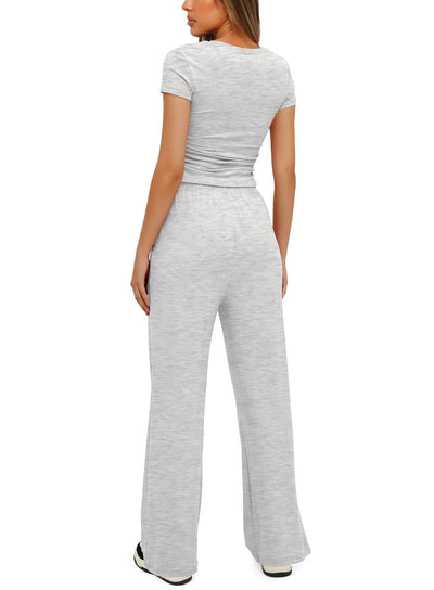 2pcs Solid Color Casual Sports Yoga Suit Short-sleeved Top And High-waisted Drawstring Wide-leg Pants Summer Fashion Set For Womens Clothing