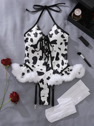 Cow-Motif Holiday Cosplay 3-Piece Lingerie Set For Flirty Seduction