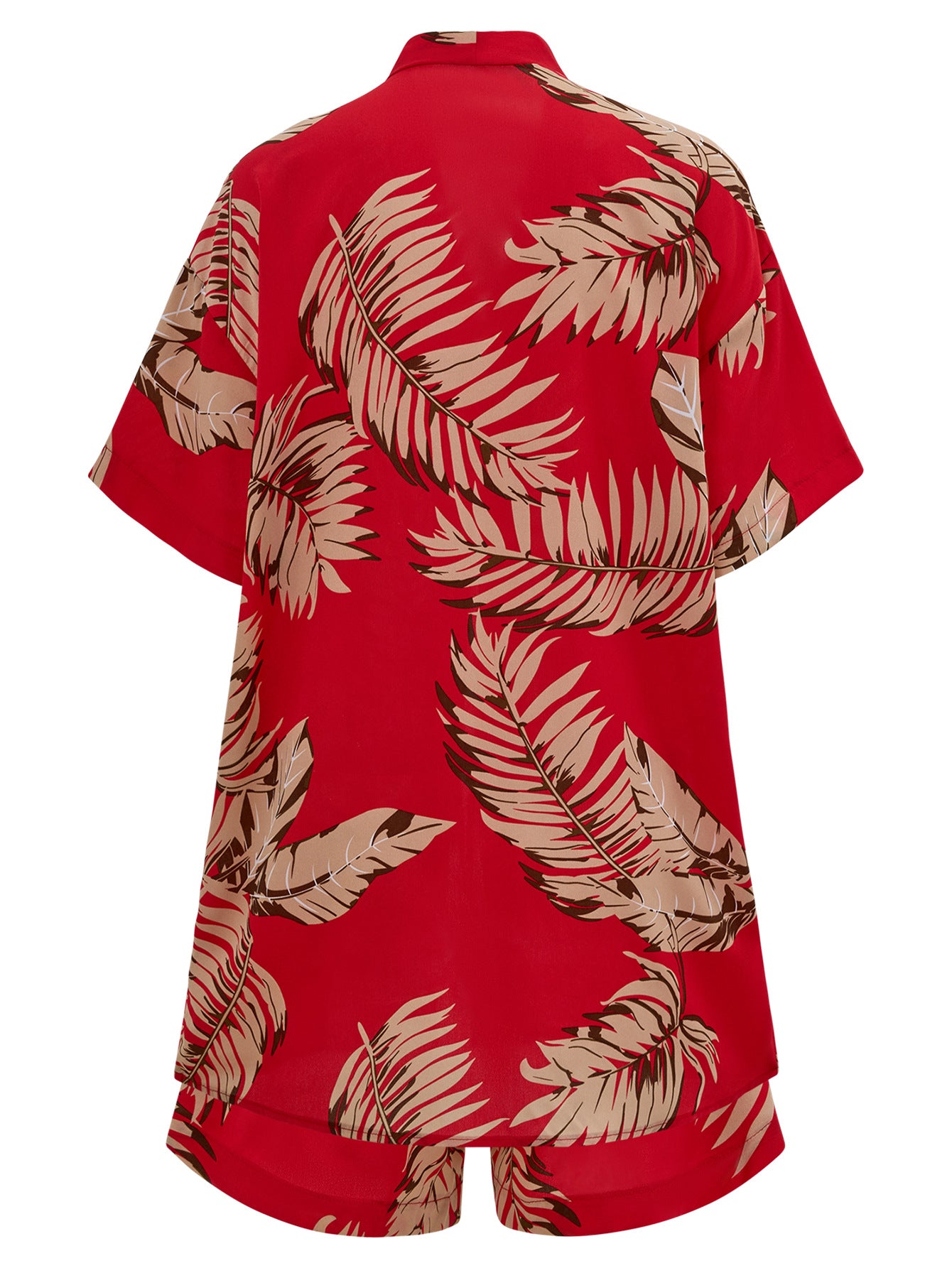 2pcs Casual Holiday Leaves Print Suit Summer Short Sleeve Shirt Top And Drawstring Shorts Sets For Womens Clothing