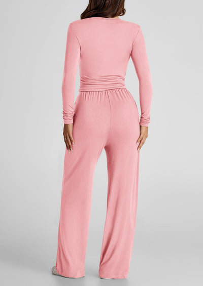 2 Pieces Women's Suit Autumn Winte Long Sleeve Tops High Waisted Wide Leg Pants Sportswear Female Clothes Solid Color Casual Suit