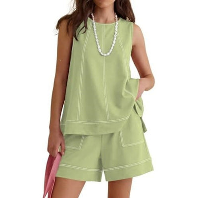 Summer Crew-neck Sleeveless Tank Top With Drawstring