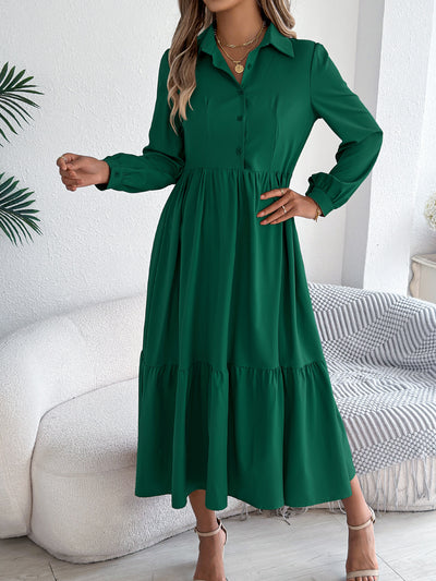 Women's Lapel Casual Loose Long Sleeve Ruffled Shirt Dresses Long Sleeved Turn-down Collar Single-Breasted Dress Spring Autumn Fashion Women's Clothing For Vacation