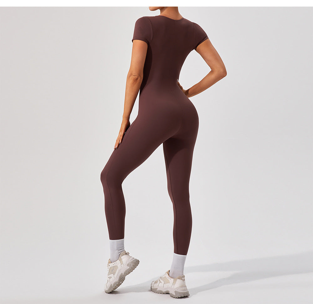 European And American Sexy Nude Feel Short Sleeve Yoga Jumpsuit