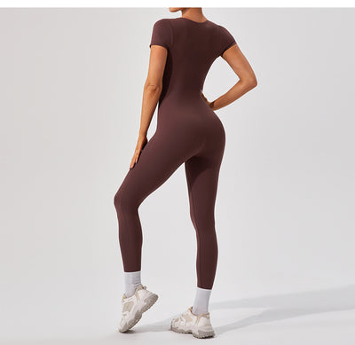European And American Sexy Nude Feel Short Sleeve Yoga Jumpsuit