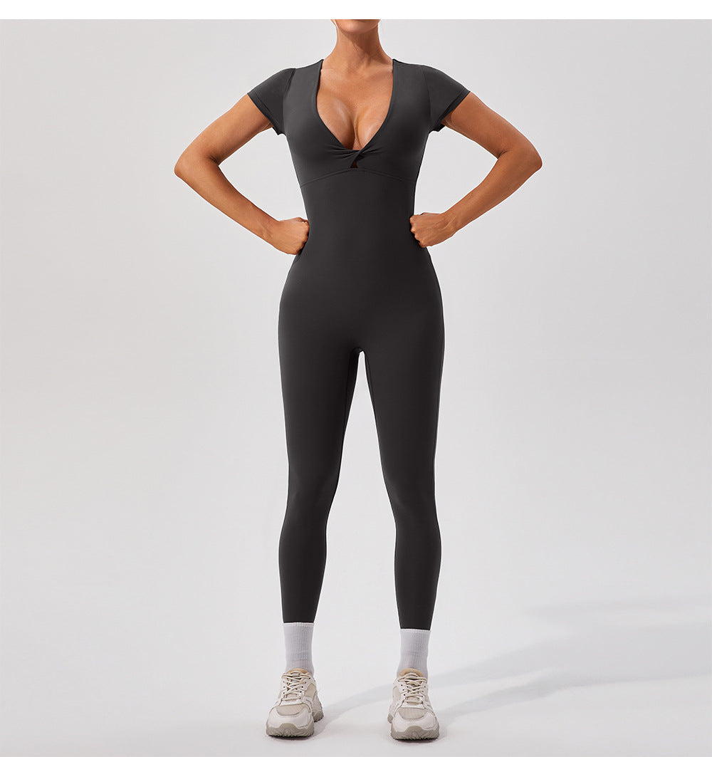 European And American Sexy Nude Feel Short Sleeve Yoga Jumpsuit