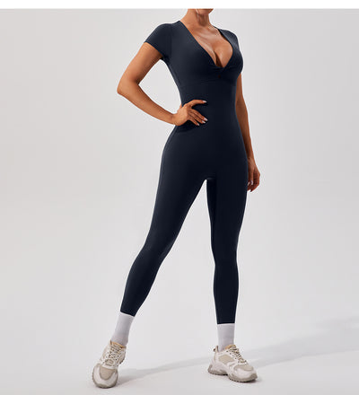 European And American Sexy Nude Feel Short Sleeve Yoga Jumpsuit