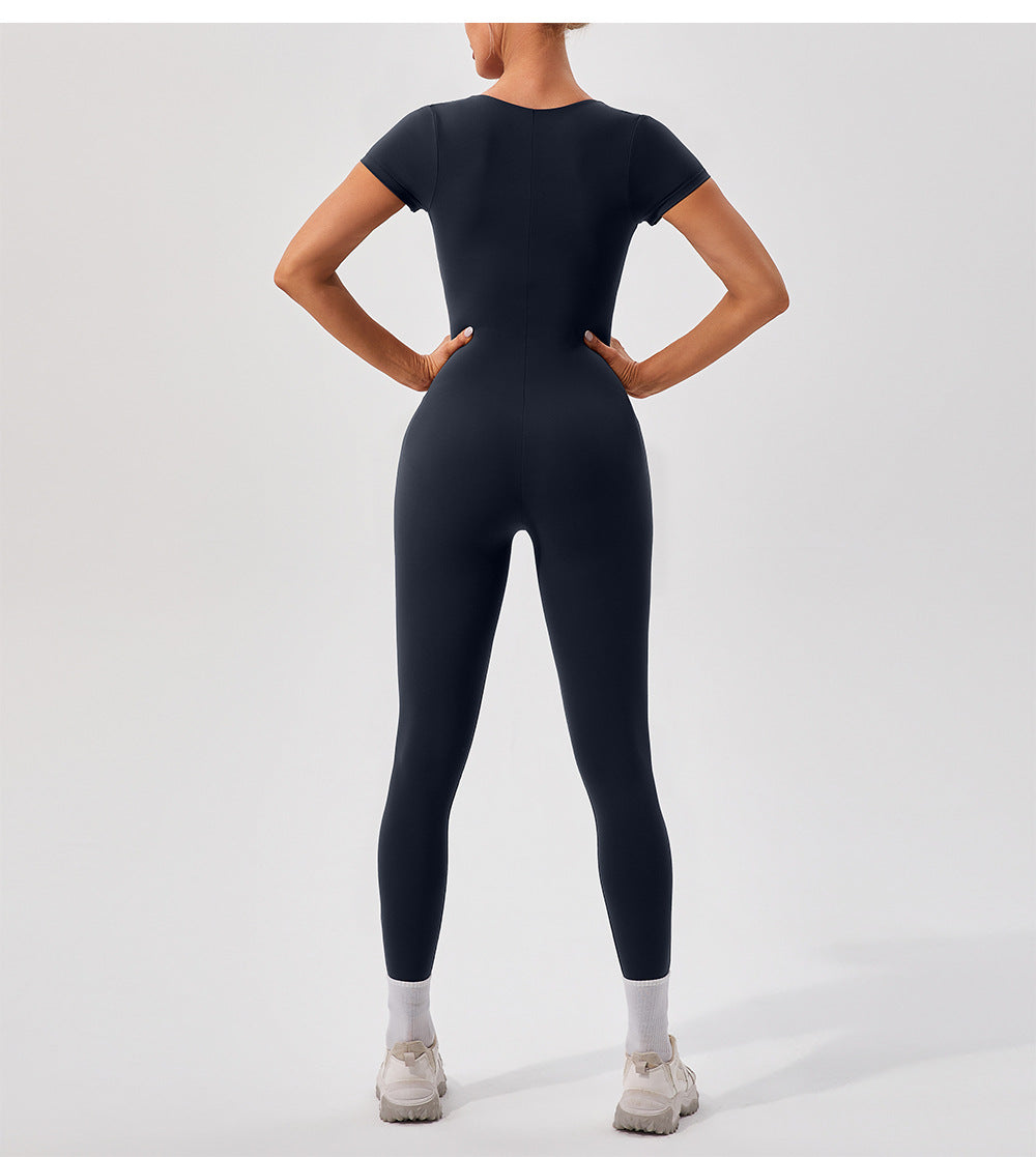 European And American Sexy Nude Feel Short Sleeve Yoga Jumpsuit