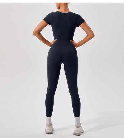 European And American Sexy Nude Feel Short Sleeve Yoga Jumpsuit