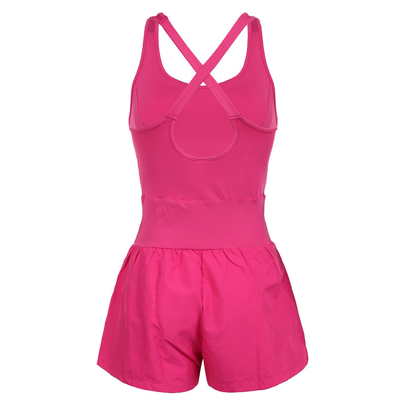 Women's Fashionable Elegant Yoga Shorts Hollow Cross Back Loose Comfortable Workout Clothes Vest Jumpsuit