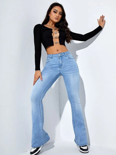 Women's Slim-fit Jeans Pants With Flared Design Fashion Casual High Waist Stretch Trousers
