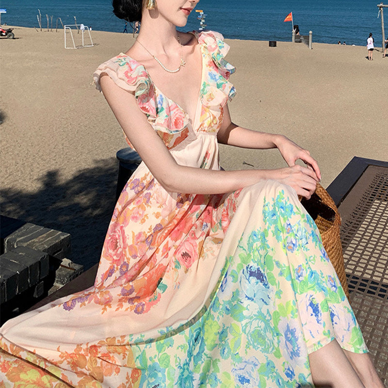 Fashion V-neck Ruffle Sleeve Long Dress Summer Romantic French-Style Flowers Print Bow-knot Backless Design Beach Vacation Dresses Womens Clothing