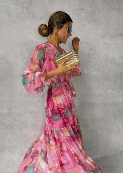 Long-sleeved Floral Print Dress Elegant V-neck Pleated High-waisted Big Swing Chiffon Maxi Dresses For Women Clothing