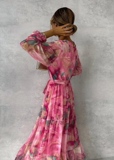 Long-sleeved Floral Print Dress Elegant V-neck Pleated High-waisted Big Swing Chiffon Maxi Dresses For Women Clothing