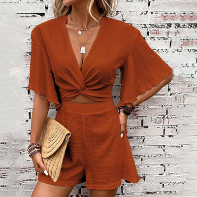 Fashion Loose Suits For Women V-neck Ruffle Sleeve Short-sleeved Top And Shorts Summer Two-piece Set Clothing