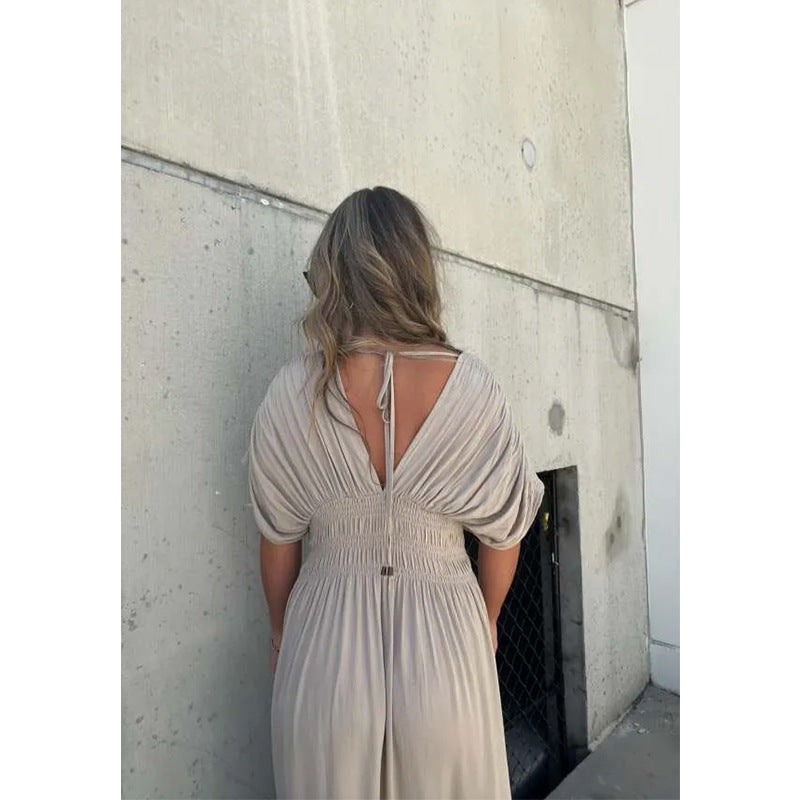 Fashion Bat-sleeved V-neck Slit Dress Summer Short Sleeve Elastic Waist Long Dresses Womens Clothing