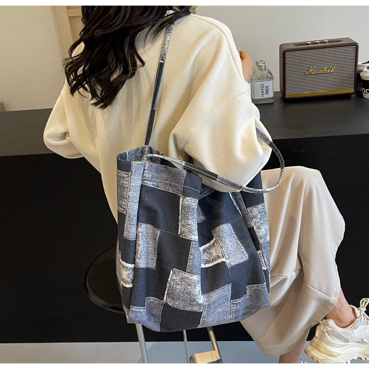 Women's Large Capacity Denim Color-contrast Check Idle Style Shoulder Commute Leisure Handbag Versatile Tote Bag