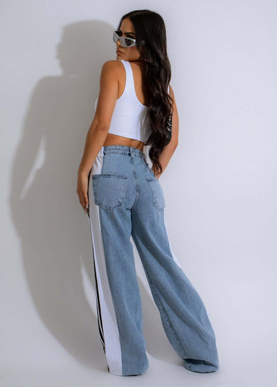Fashion Casual High Waist Elastic Straight Leg Trousers Three Stripe Patchwork Denim Wide Leg Pants Streetwear