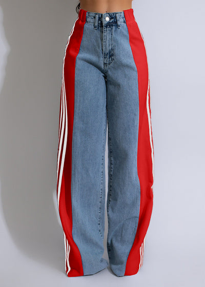Fashion Casual High Waist Elastic Straight Leg Trousers Three Stripe Patchwork Denim Wide Leg Pants Streetwear