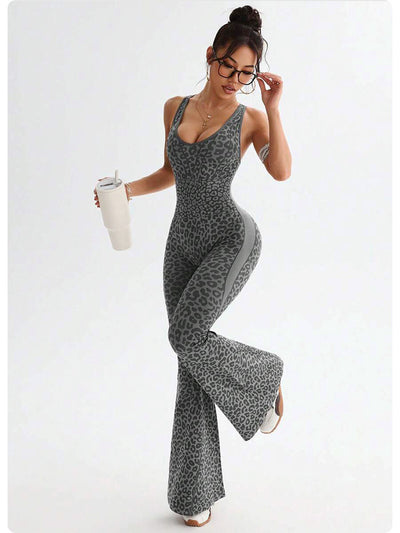 Women's Casual Sports Leopard Print Cross Beauty Back Jumpsuit