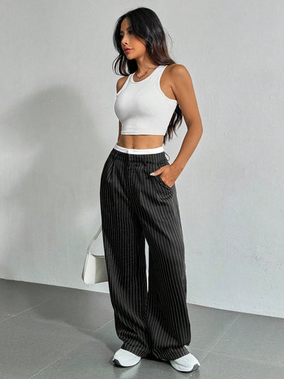 Stripe Printed Trousers Fashion High Waist Straight Leg Pants With Pocket Zipper Casual Suit Pants For Women