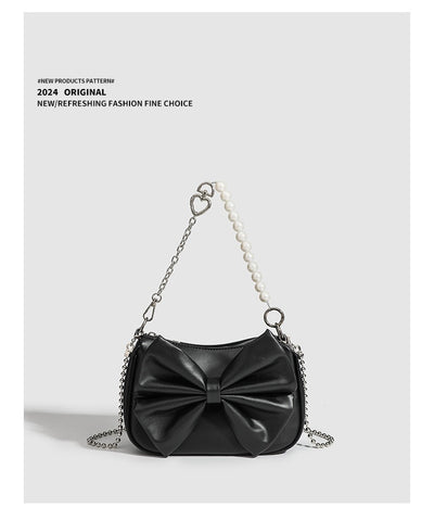 Black White PU Bow Handbags Autumn Winter Ladies Underarm Tote Bags Fashion Simple Pearl Chain Shoulder Bag Small Purse