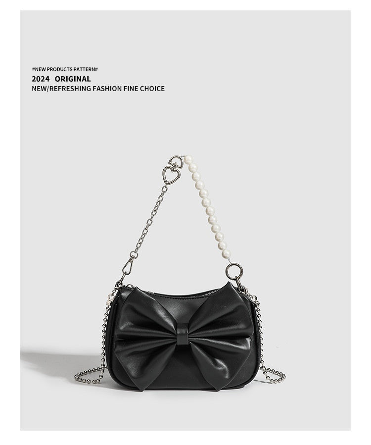 Black White PU Bow Handbags Autumn Winter Ladies Underarm Tote Bags Fashion Simple Pearl Chain Shoulder Bag Small Purse