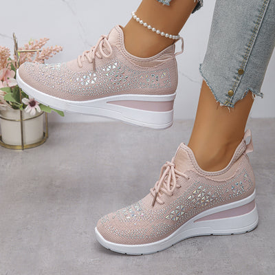 Ins Rhinestone Sneakers Fashion Lace Up Wedges Casual Shoes Women's Daily Commuting Sports Shoes