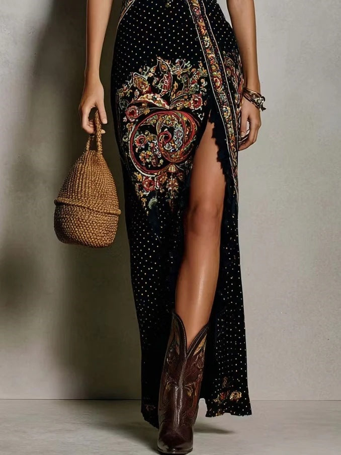 Digital Print Sleeveless Tank Top Split Long Skirt Dress