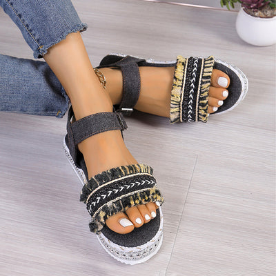 Fashion Tassel Denim Sandals With Thick-soled Flat Heel New Summer Hemp Rope Sole Ethnic Style Shoes For Women