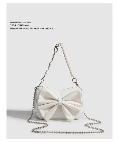 Black White PU Bow Handbags Autumn Winter Ladies Underarm Tote Bags Fashion Simple Pearl Chain Shoulder Bag Small Purse