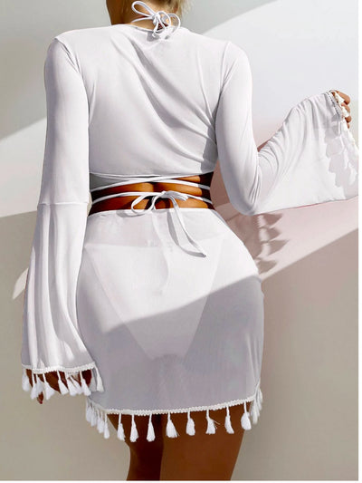 4pcs Solid Color Bikini With Short Skirt And Long Sleeve Cover-up Fashion Bow Tie Fringed Swimsuit Set Summer Beach Womens Clothing