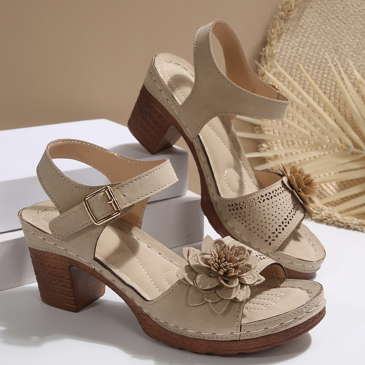 Women's Flowers Chunky Heel Sandals Summer Plus Size Platform Shoes