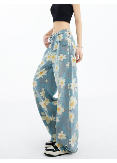 New Summer Printed Floral Wide-leg Washed Jeans For Women