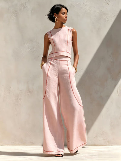 Sleeveless Color-Block Wide-Leg Pants Set Womens Summer Casual Chic Two-Piece Outfit