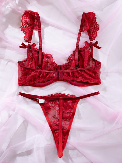 Lace Ruffle-Cuffed Sleeve Bow-Trim Sexy Lingerie Set For Women