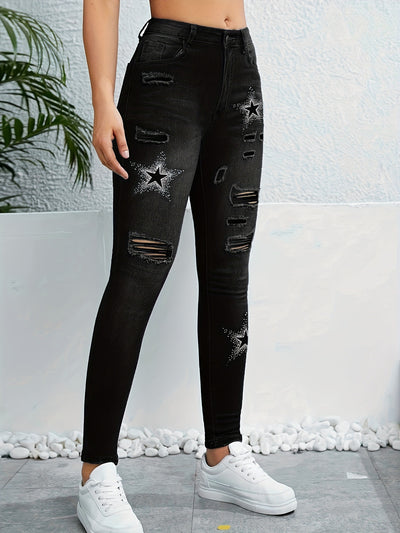 Stylish Ripped Distressed Color-blocked Versatile Star-print Skinny Denim Jeans