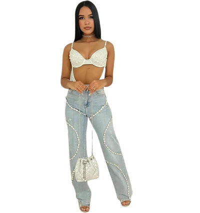 Women's Casual Light Diamond Stitching Straight Jeans